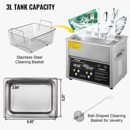 3L Digital Ultrasonic Cleaner with Heater & Timer, Stainless Steel, 220V