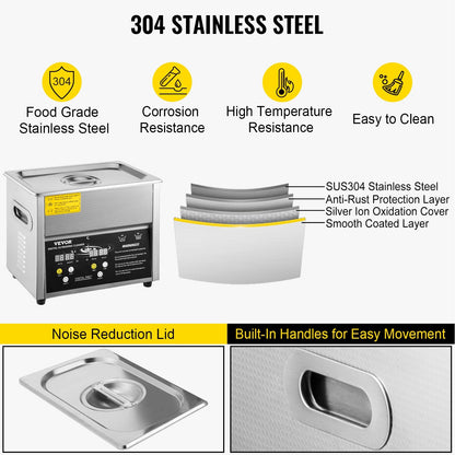 3L Digital Ultrasonic Cleaner with Heater & Timer, Stainless Steel, 220V