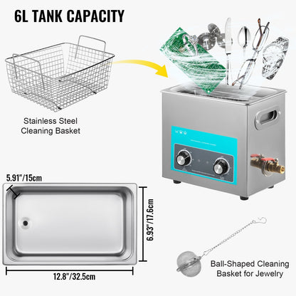 6.5L Ultrasonic Cleaner with Heater & Timer for Jewelry & Instrument Care