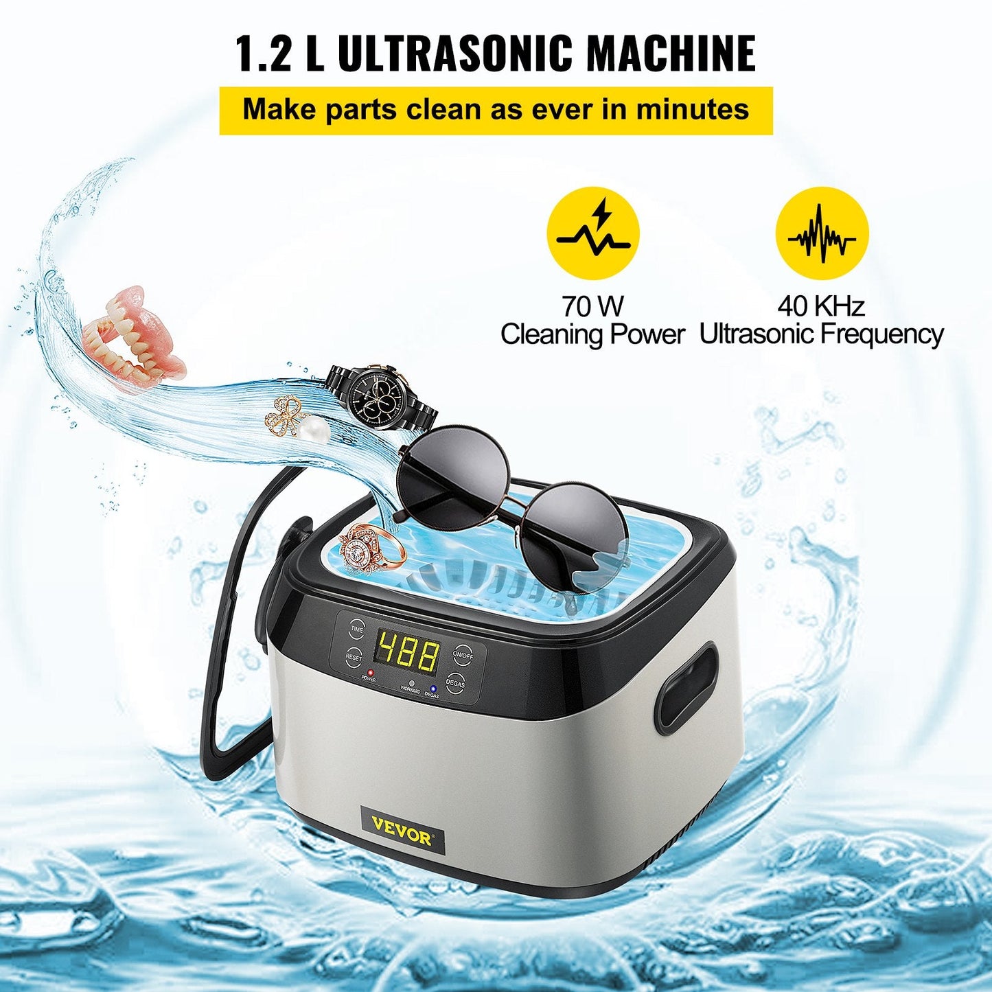 1.2L Ultrasonic Jewelry Cleaner, 40kHz, 70W, Touch Control, Multi-use