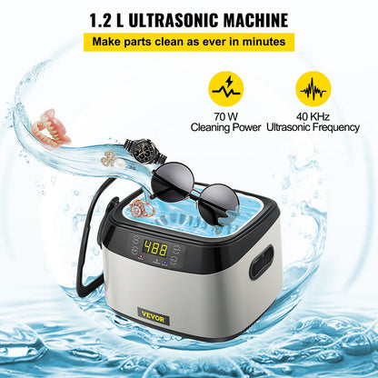 1.2L Ultrasonic Jewelry Cleaner, 40kHz, 70W, Touch Control, Multi-use