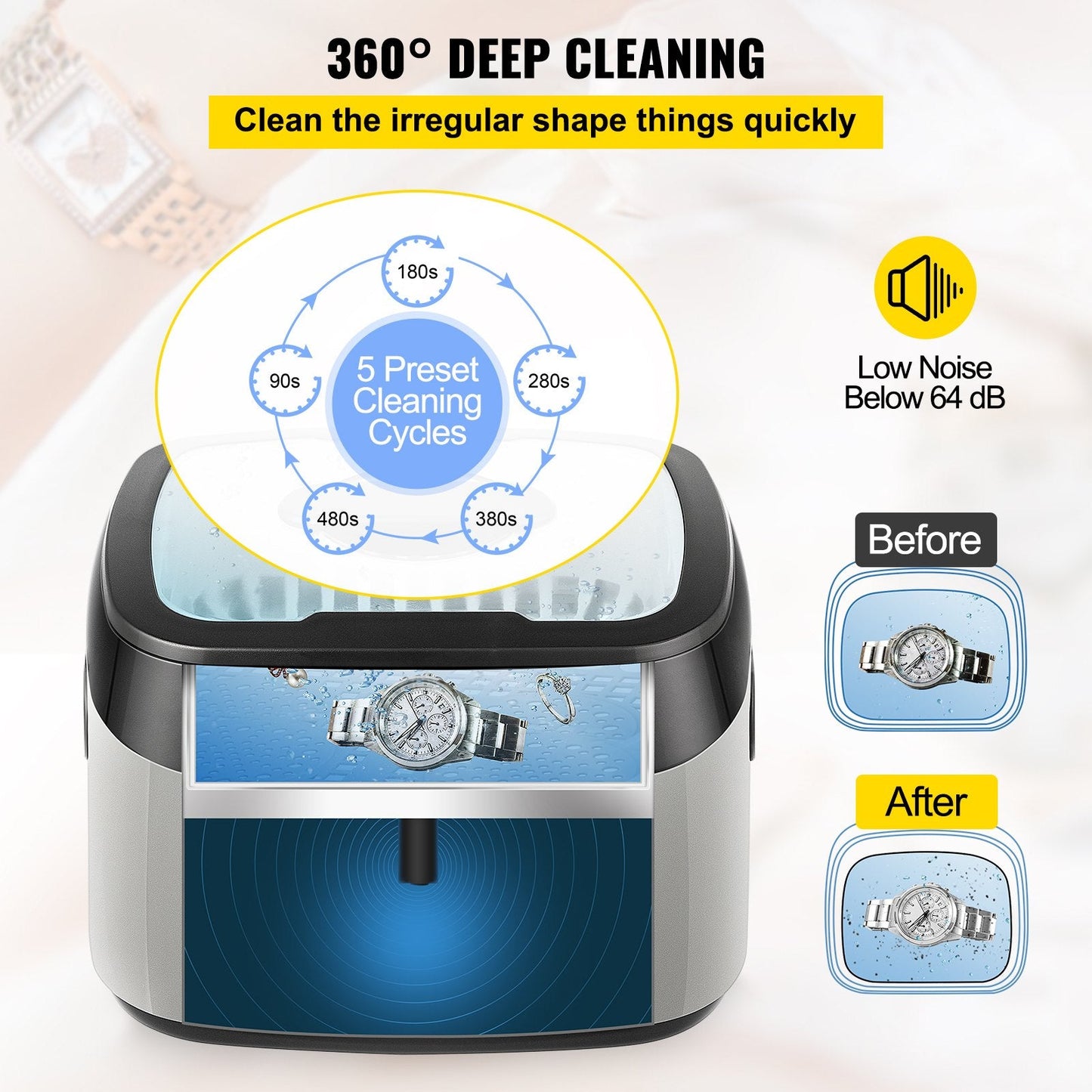 1.2L Ultrasonic Jewelry Cleaner, 40kHz, 70W, Touch Control, Multi-use