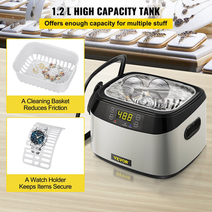 1.2L Ultrasonic Jewelry Cleaner, 40kHz, 70W, Touch Control, Multi-use