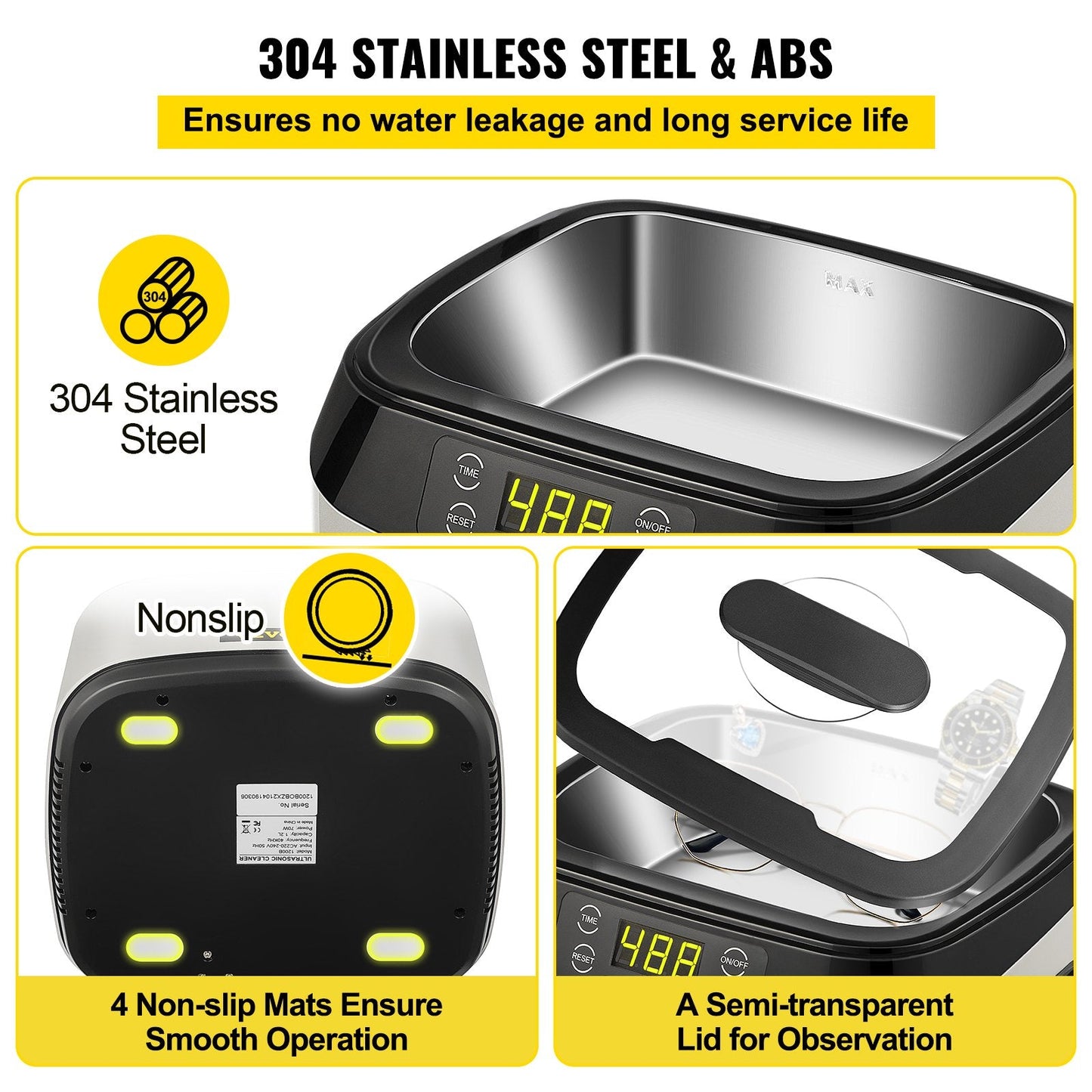 1.2L Ultrasonic Jewelry Cleaner, 40kHz, 70W, Touch Control, Multi-use