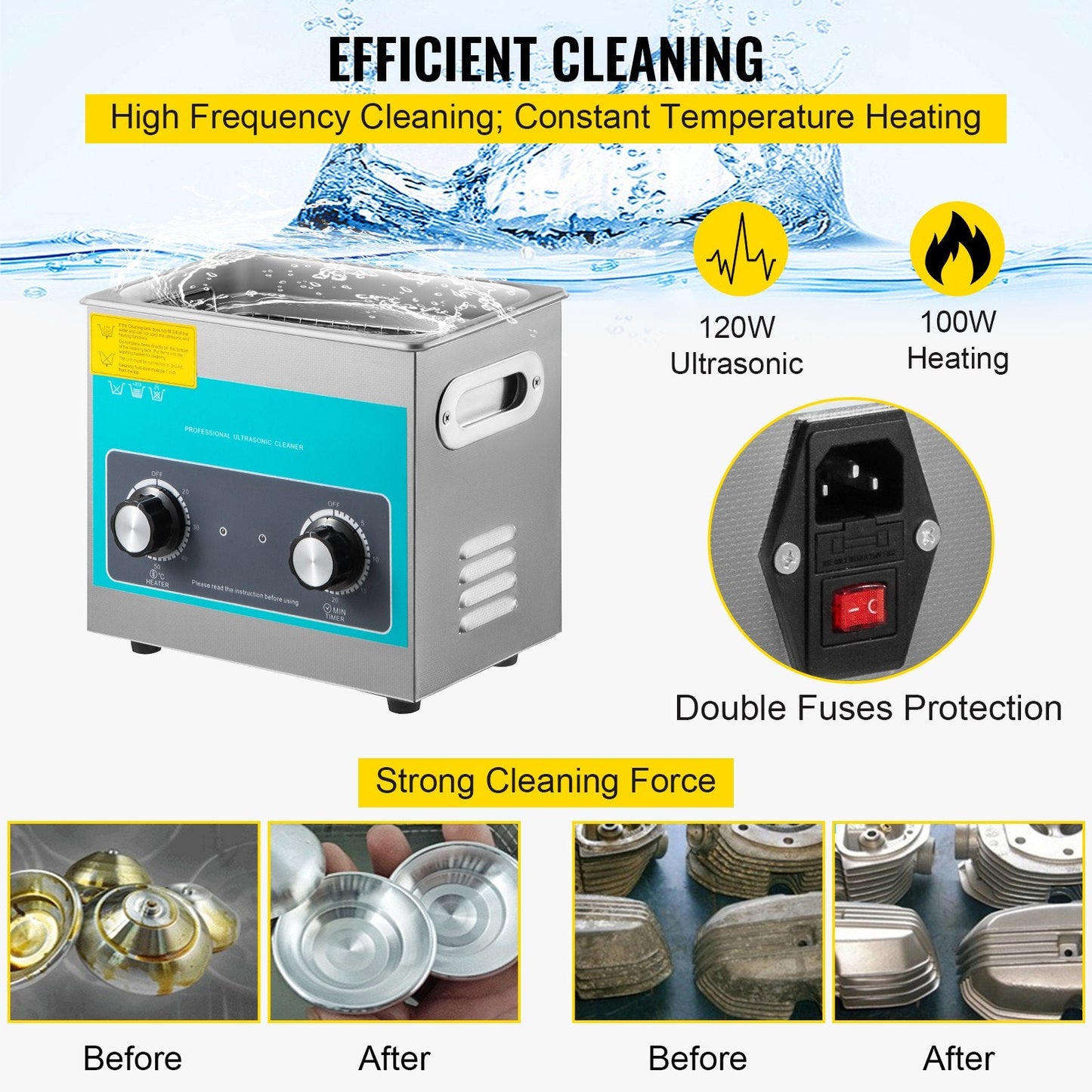 3L Ultrasonic Cleaner with Heater & Timer, 40kHz, Stainless Steel, 120W