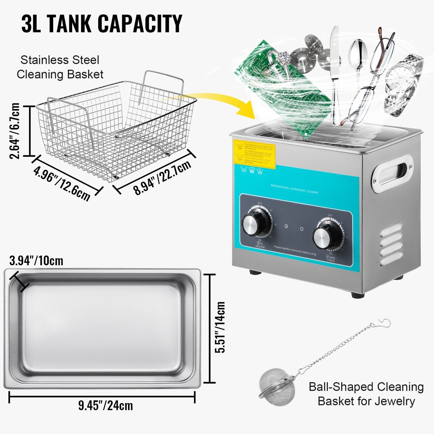 3L Ultrasonic Cleaner with Heater & Timer, 40kHz, Stainless Steel, 120W