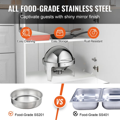 2-Pack Stainless Steel Roll Top Chafing Dish Set with 5.5L Pans and Fuel Holder