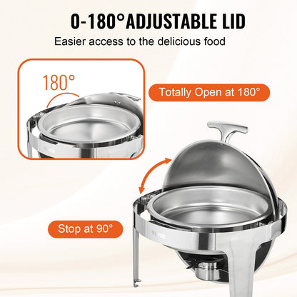 2-Pack Stainless Steel Roll Top Chafing Dish Set with 5.5L Pans and Fuel Holder