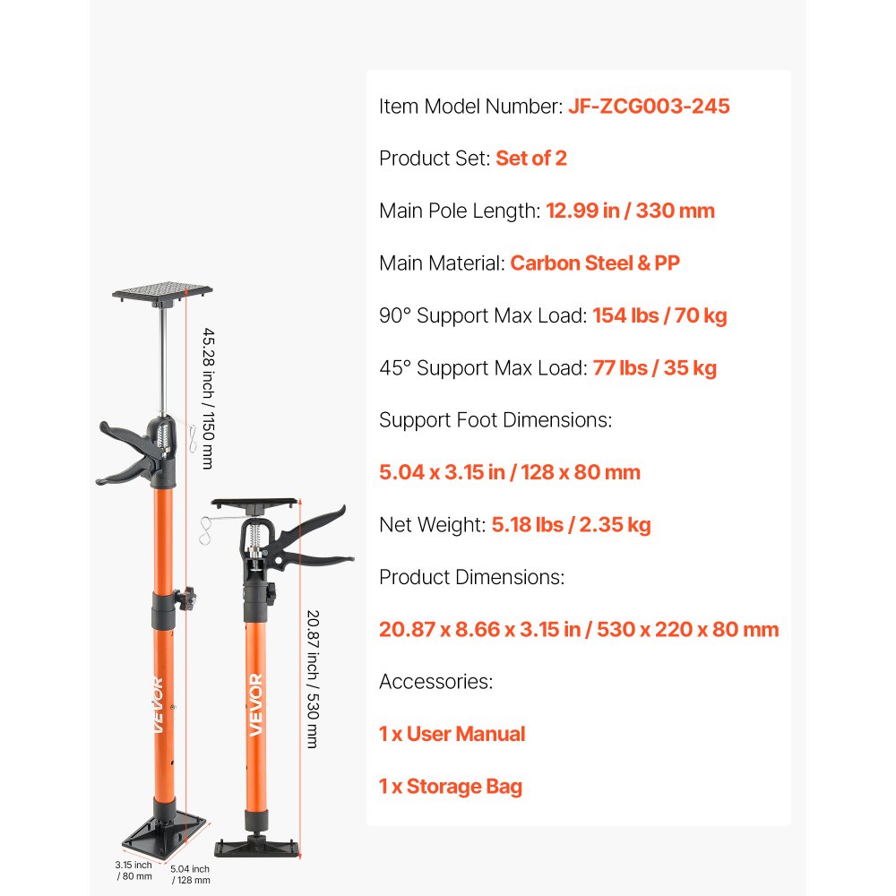 Cabinet Jack Support Pole, 2-Pack, 54-155 cm Steel Telescopic Quick Support Rod, Adjustable 3rd Hand System up to 70 kg 