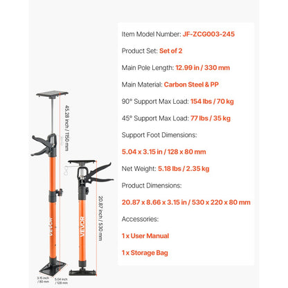 Cabinet Jack Support Pole, 2-Pack, 54-155 cm Steel Telescopic Quick Support Rod, Adjustable 3rd Hand System up to 70 kg 
