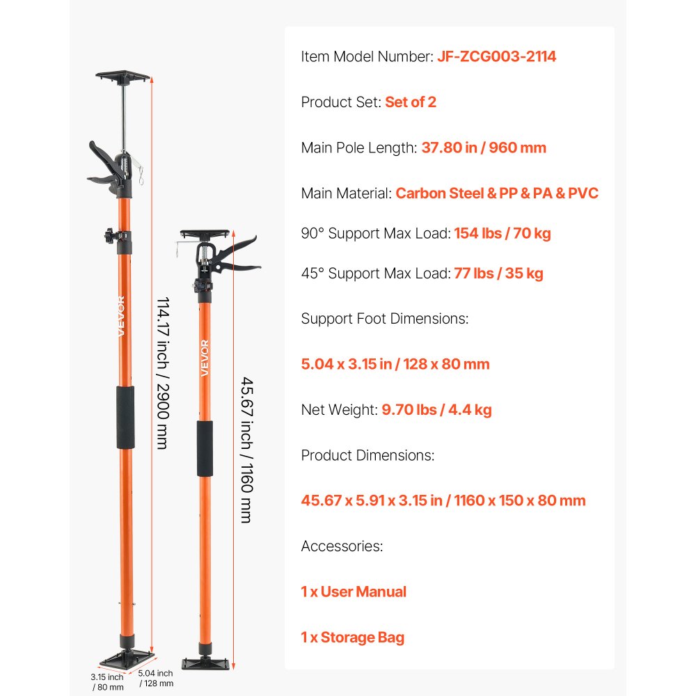 Cabinet Jack Support Pole, 2-Pack, 116-290 cm Steel Telescopic Quick Support Rod, Adjustable 3rd Hand System up to 70 kg