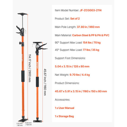 Cabinet Jack Support Pole, 2-Pack, 116-290 cm Steel Telescopic Quick Support Rod, Adjustable 3rd Hand System up to 70 kg