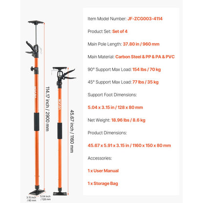 Cabinet Jack Support Pole, 4-Pack, 116-290 cm Steel Telescopic Quick Support Rod, Adjustable 3rd Hand System up to 70 kg