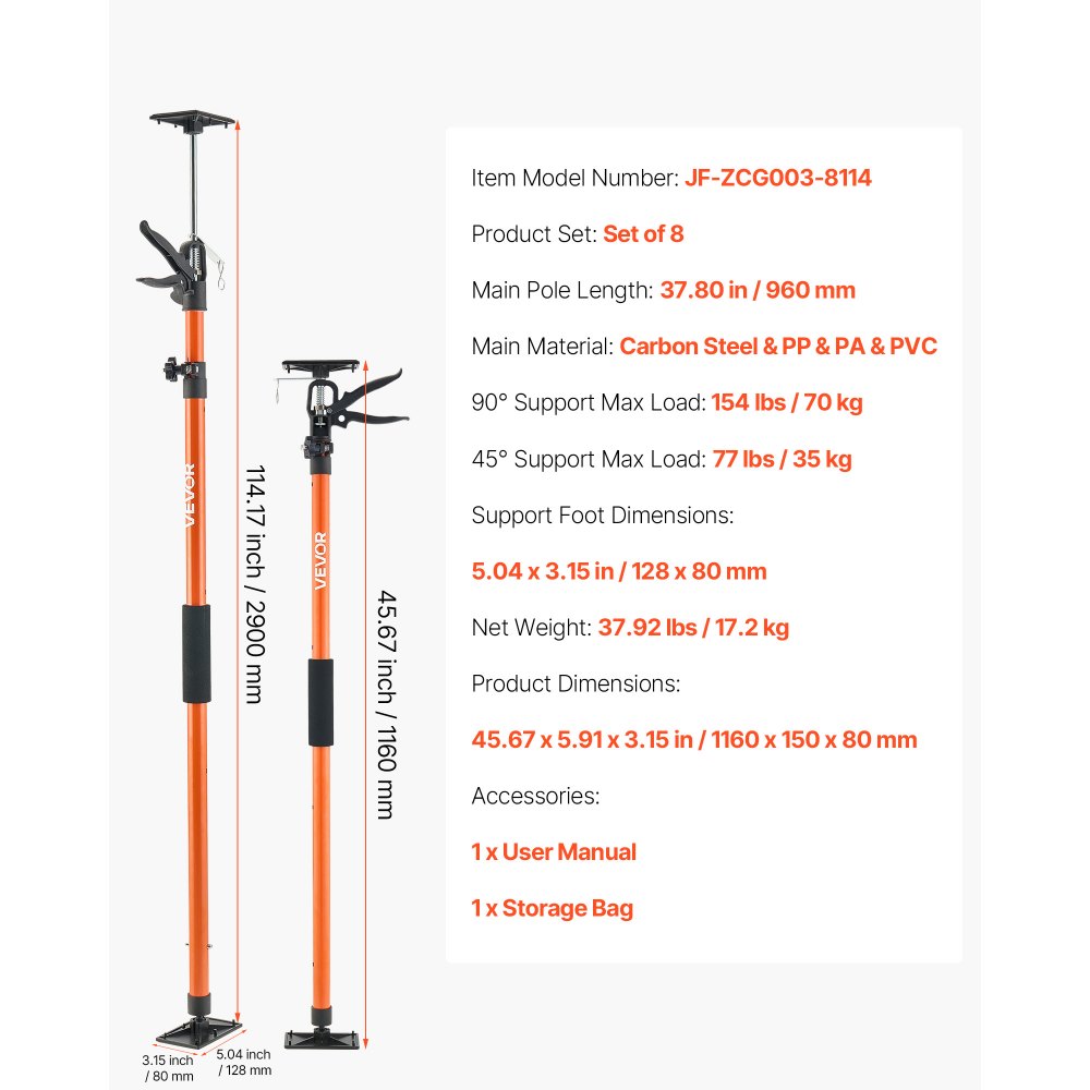 8Pcs Cabinet Jack Support Pole 116-290 cm Telescopic Quick Support Rod