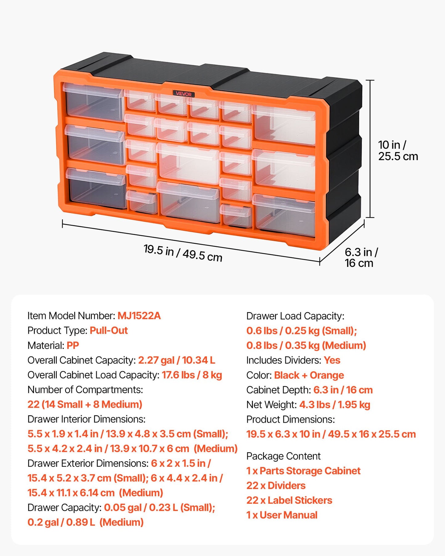 22-Drawer Storage Organizer, Plastic, Drawer Storage Cabinet for Garage Organization, Stackable Small Parts Organizer, Wall-Mounted Toolbox, for Hardware, Beads, Screws, Crafts, Building Bricks