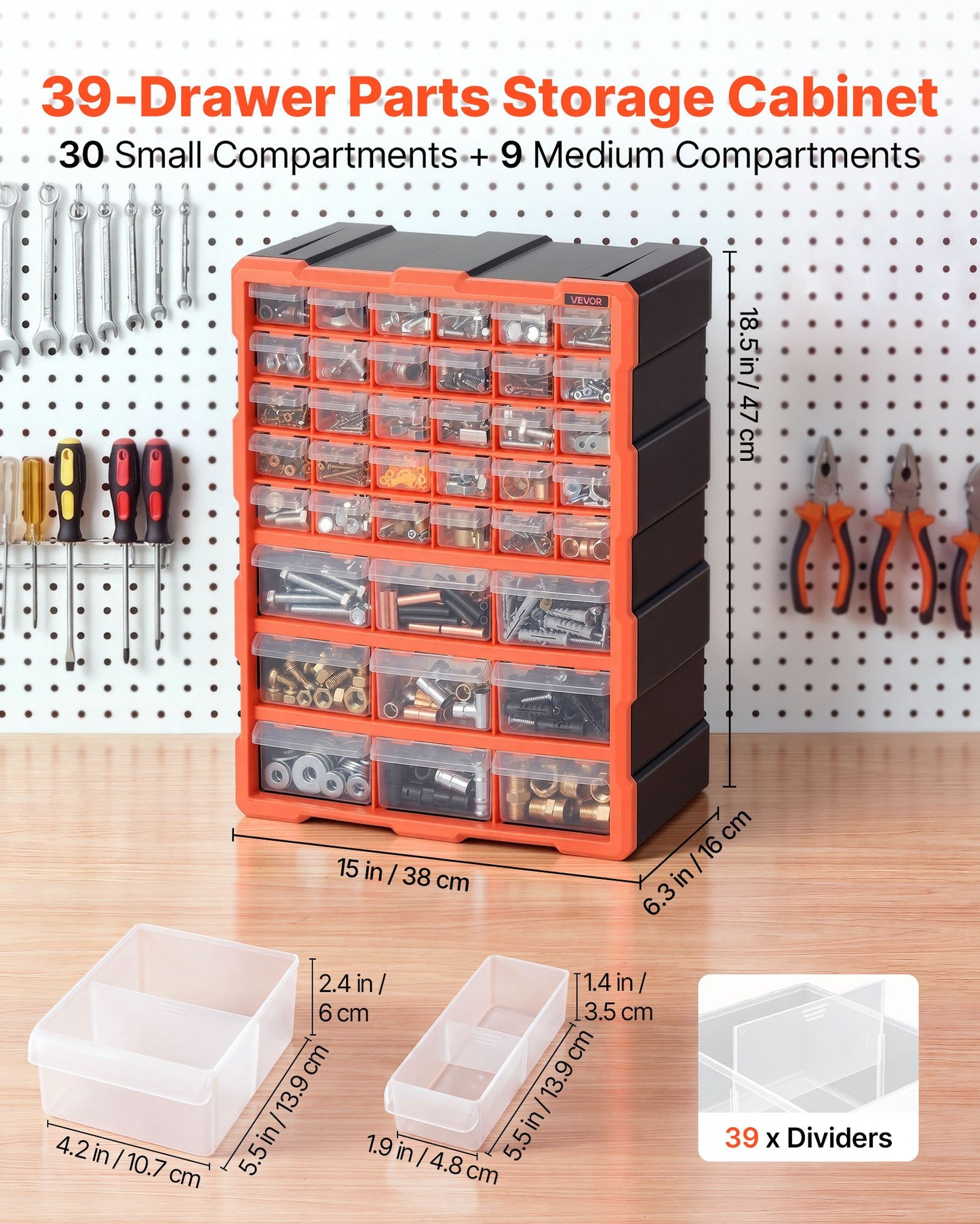 39-Drawer Storage Organizer, Plastic, Drawer Storage Cabinet for Garage Organization, Stackable Small Parts Organizer, Wall-Mounted Toolbox, for Hardware, Beads, Screws, Crafts, Building Bricks