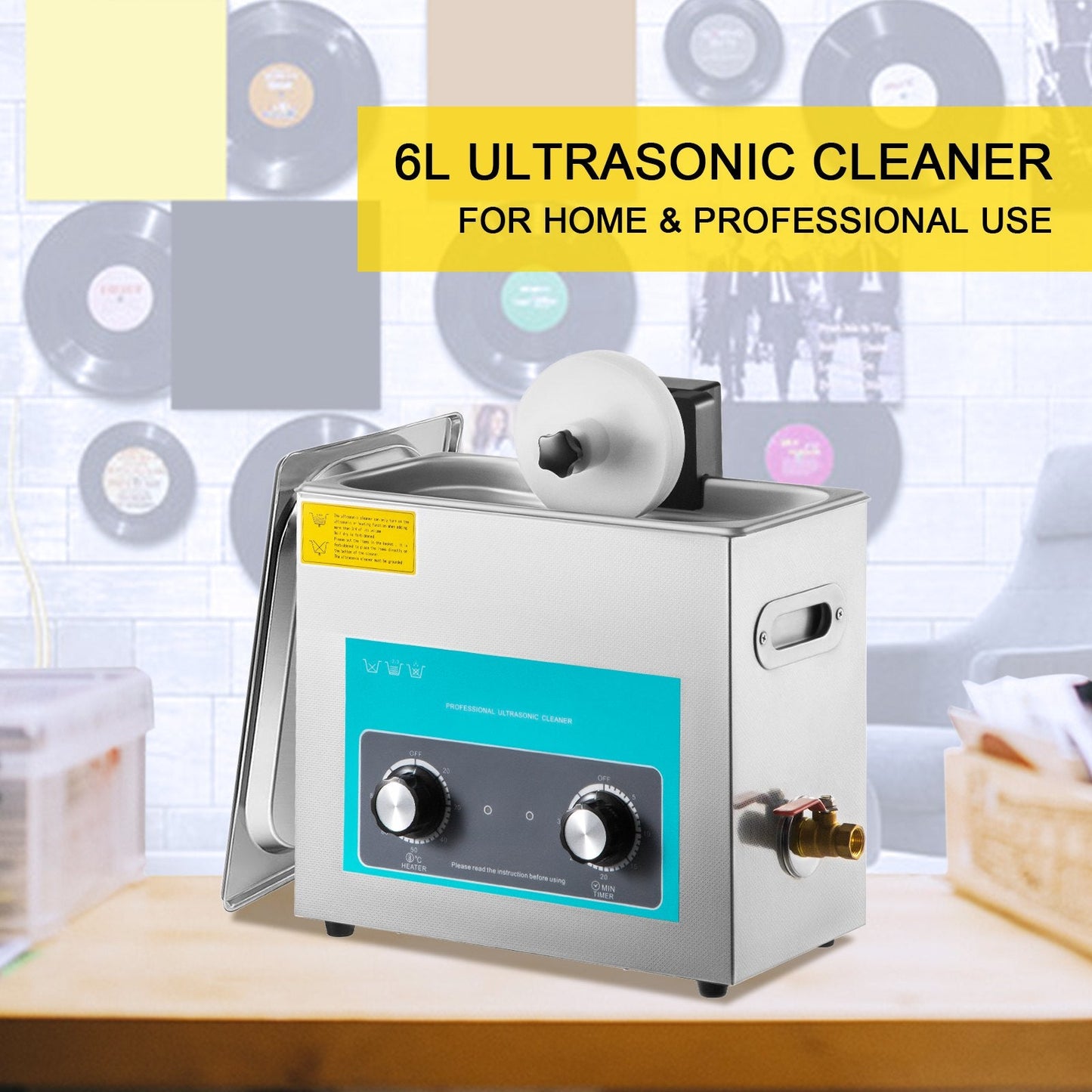 6L Ultrasonic Vinyl Record Cleaner, 40kHz, Stainless Steel, Heats & Times