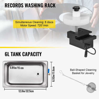 6L Ultrasonic Vinyl Record Cleaner, 40kHz, Stainless Steel, Heats & Times