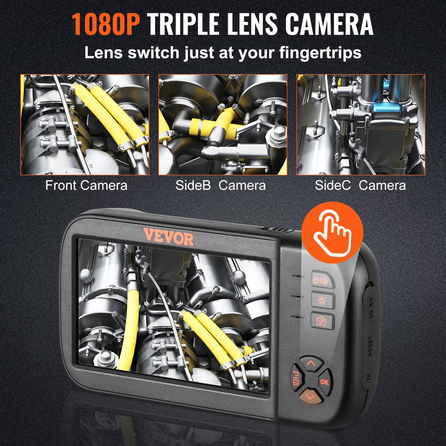 VEVOR Triple Lens Industrial Endoscope, 4.5" Screen Borescope Inspection Camera