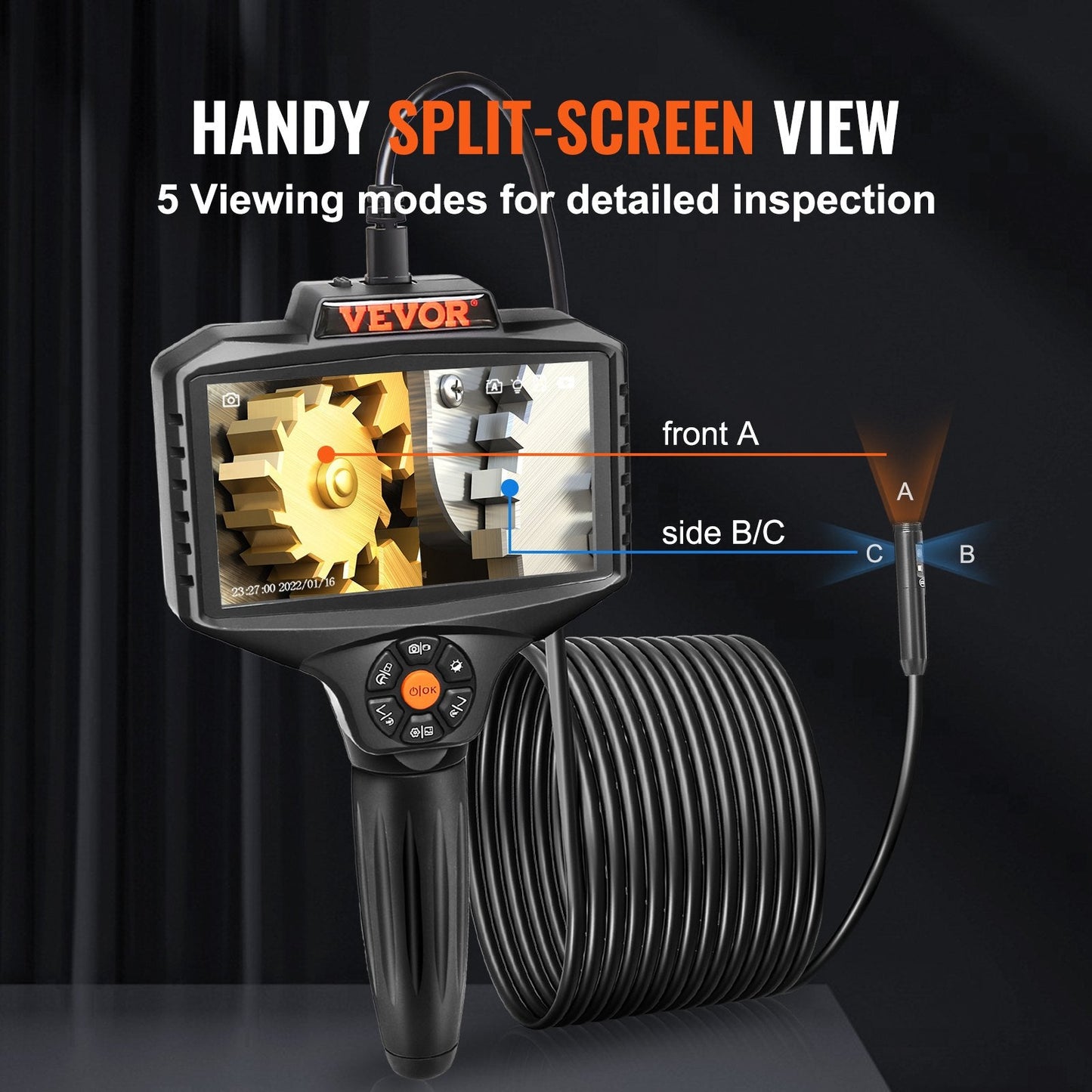 Triple Lens Borescope Camera with 5" Screen, 5m Cable, 1080P HD, 10 LEDs