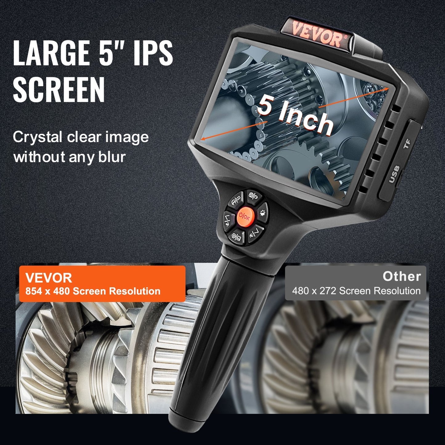 Triple Lens Borescope Camera with 5" Screen, 5m Cable, 1080P HD, 10 LEDs