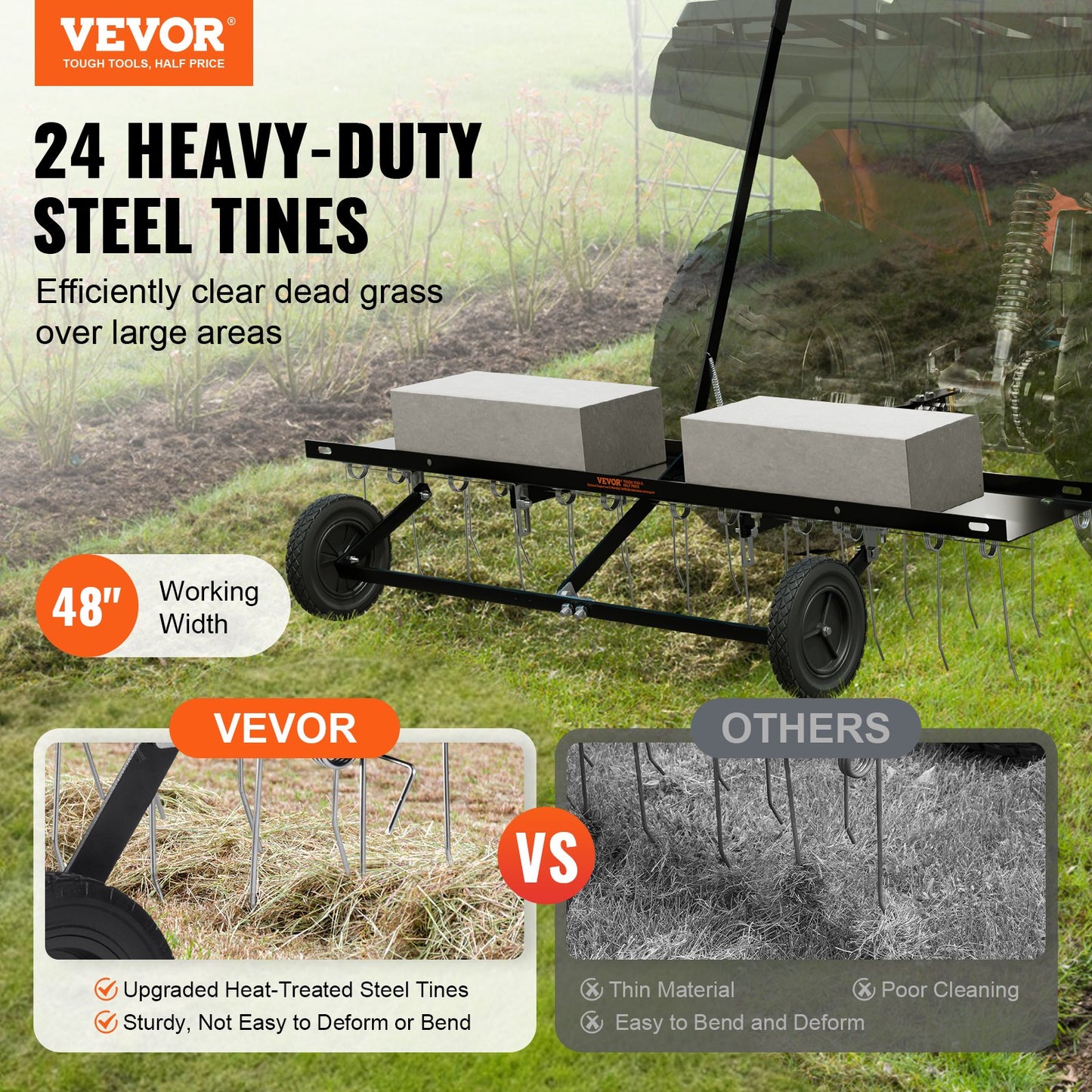 VEVOR Tow Behind Dethatcher, 1.2m Tow Dethatcher with 24 Spring Steel Tines, Lawn