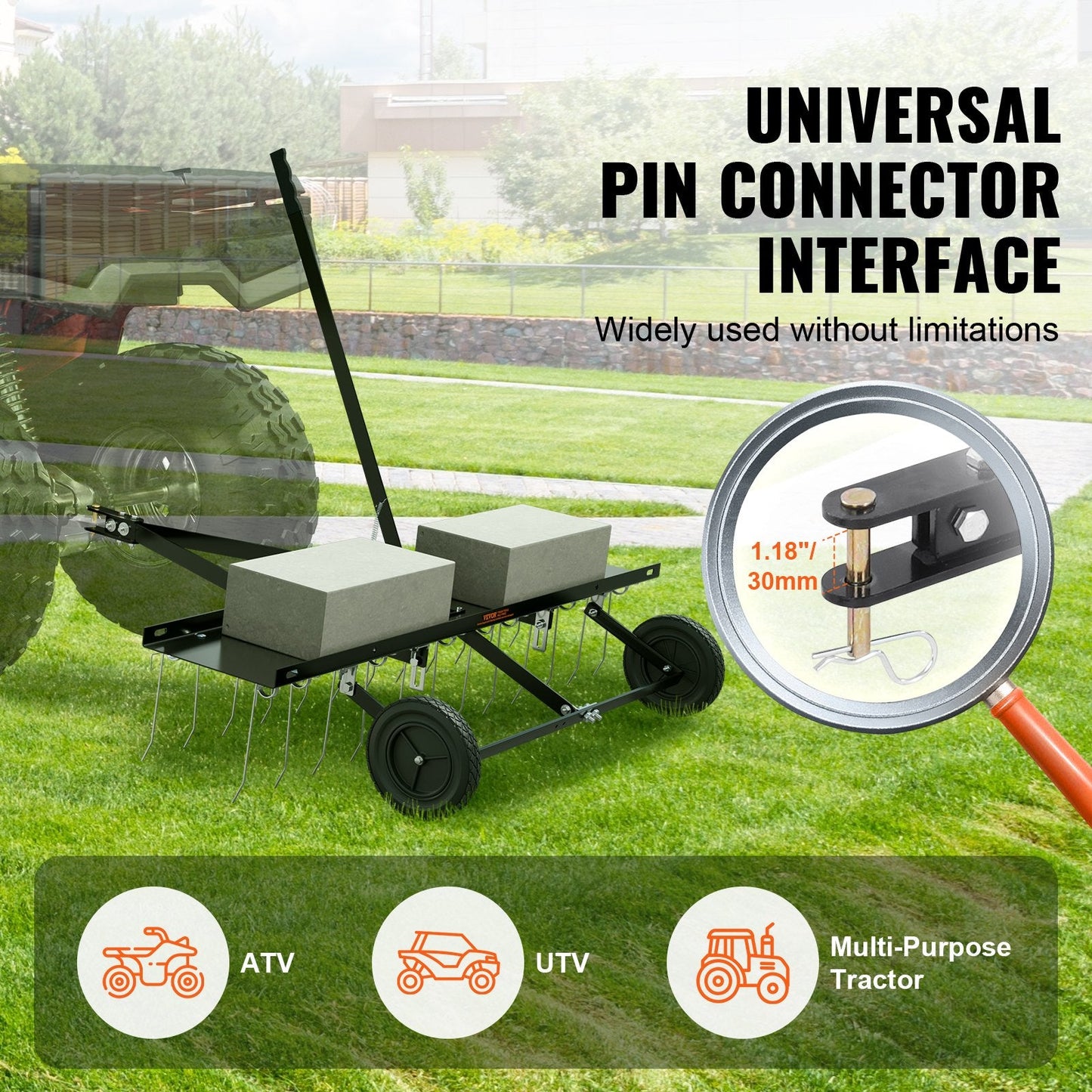 Tow-Behind Lawn Dethatcher, 1.2m with 24 Spring Steel Tines for ATV/Mower