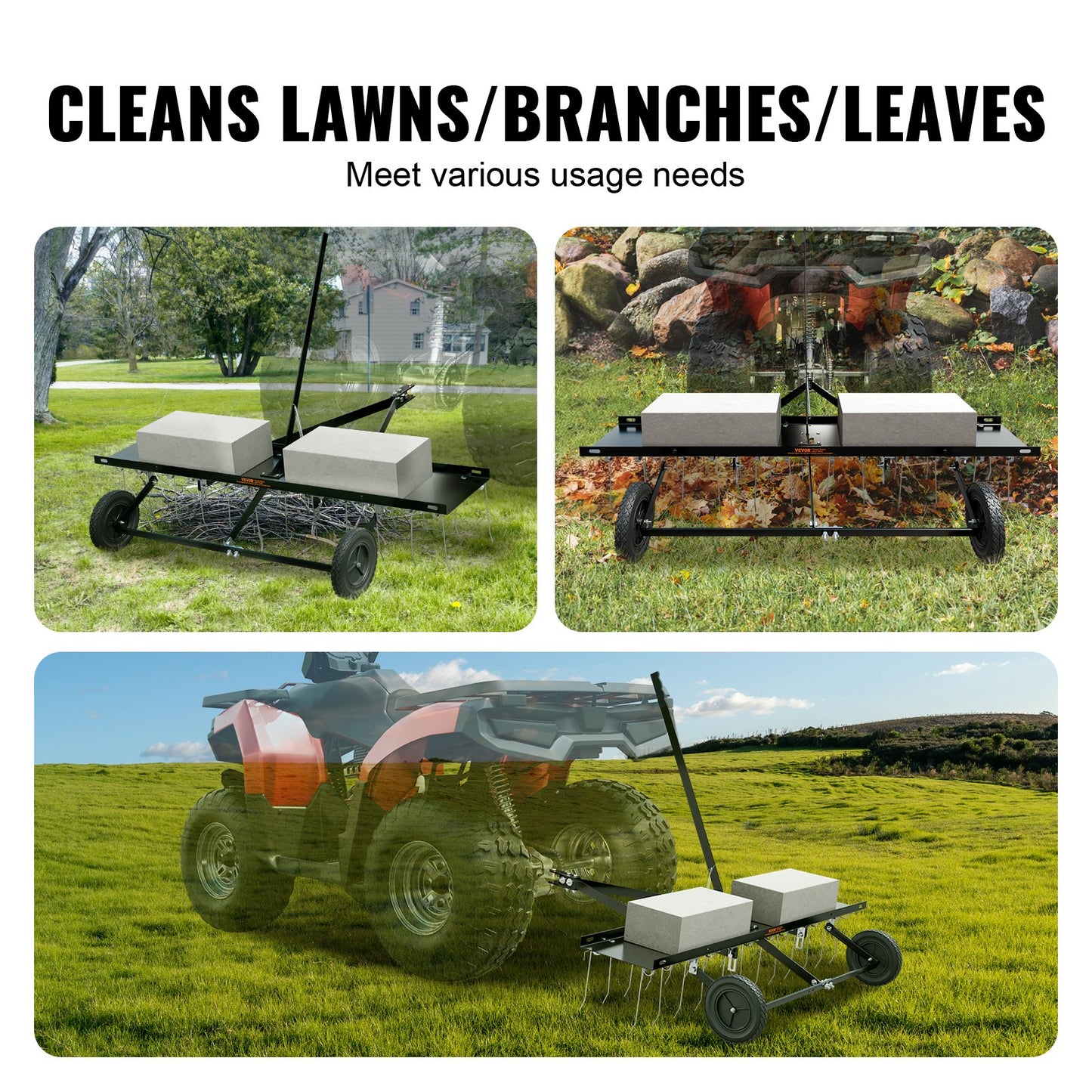 VEVOR Tow Behind Dethatcher, 1.2m Tow Dethatcher with 24 Spring Steel Tines, Lawn