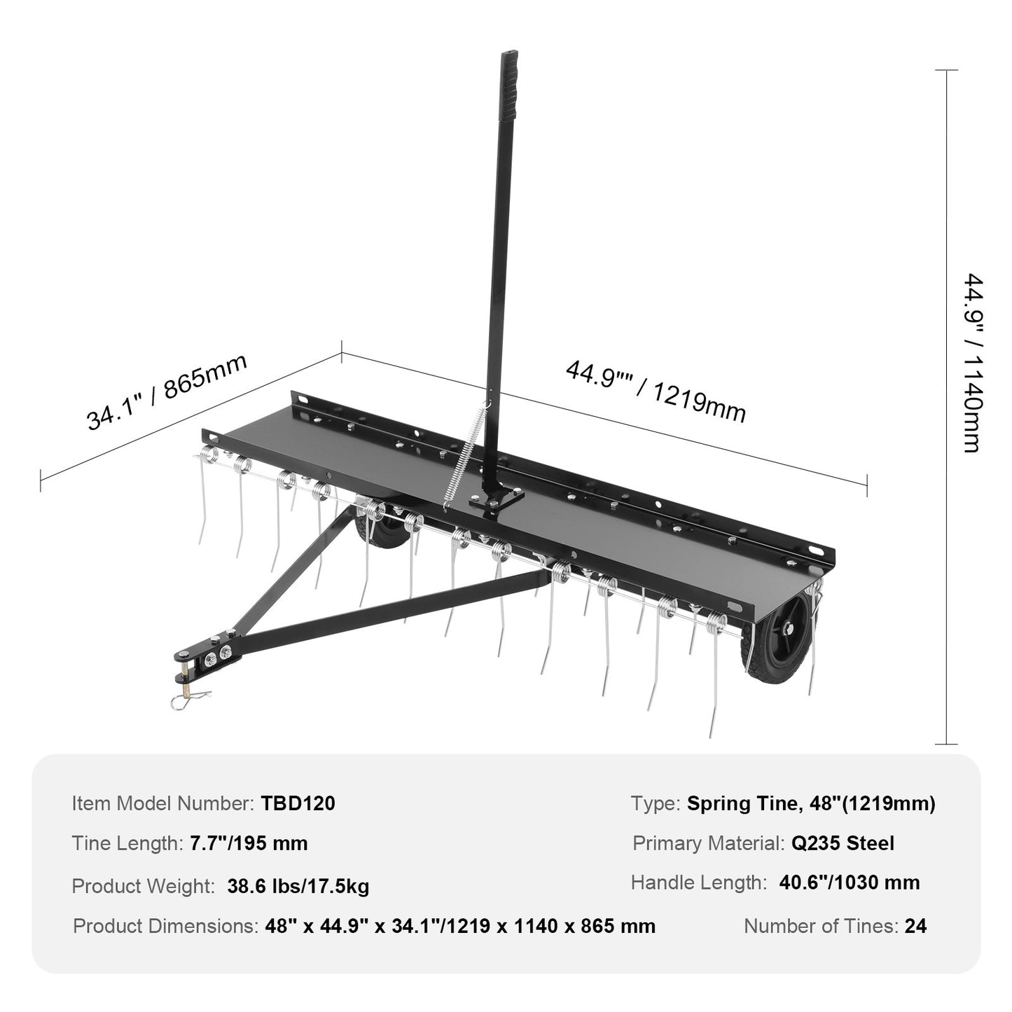 VEVOR Tow Behind Dethatcher, 1.2m Tow Dethatcher with 24 Spring Steel Tines, Lawn