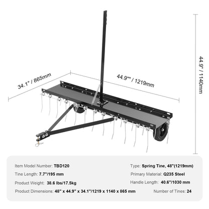 Tow-Behind Lawn Dethatcher, 1.2m with 24 Spring Steel Tines for ATV/Mower