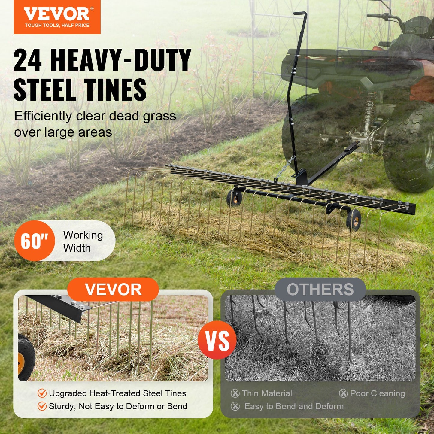 VEVOR Tow Behind Dethatcher, 1.5m Tow Dethatcher with 24 Steel Tines, Lawn Dethatcher