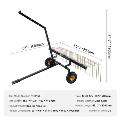 1.5m Tow Dethatcher with 24 Steel Tines for ATV/Mower - Easy Installation