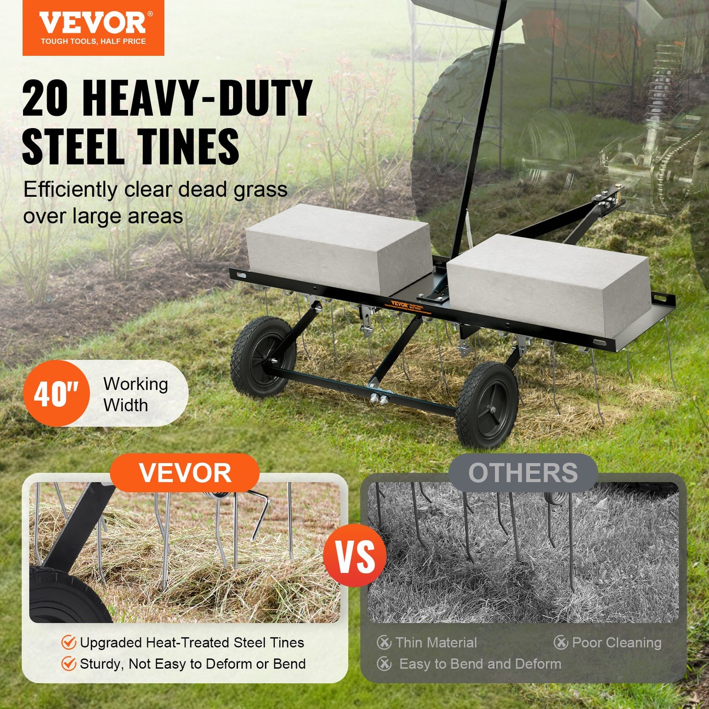 VEVOR Tow Behind Dethatcher, 1m Tow Dethatcher with 20 Spring Steel Tines, Lawn