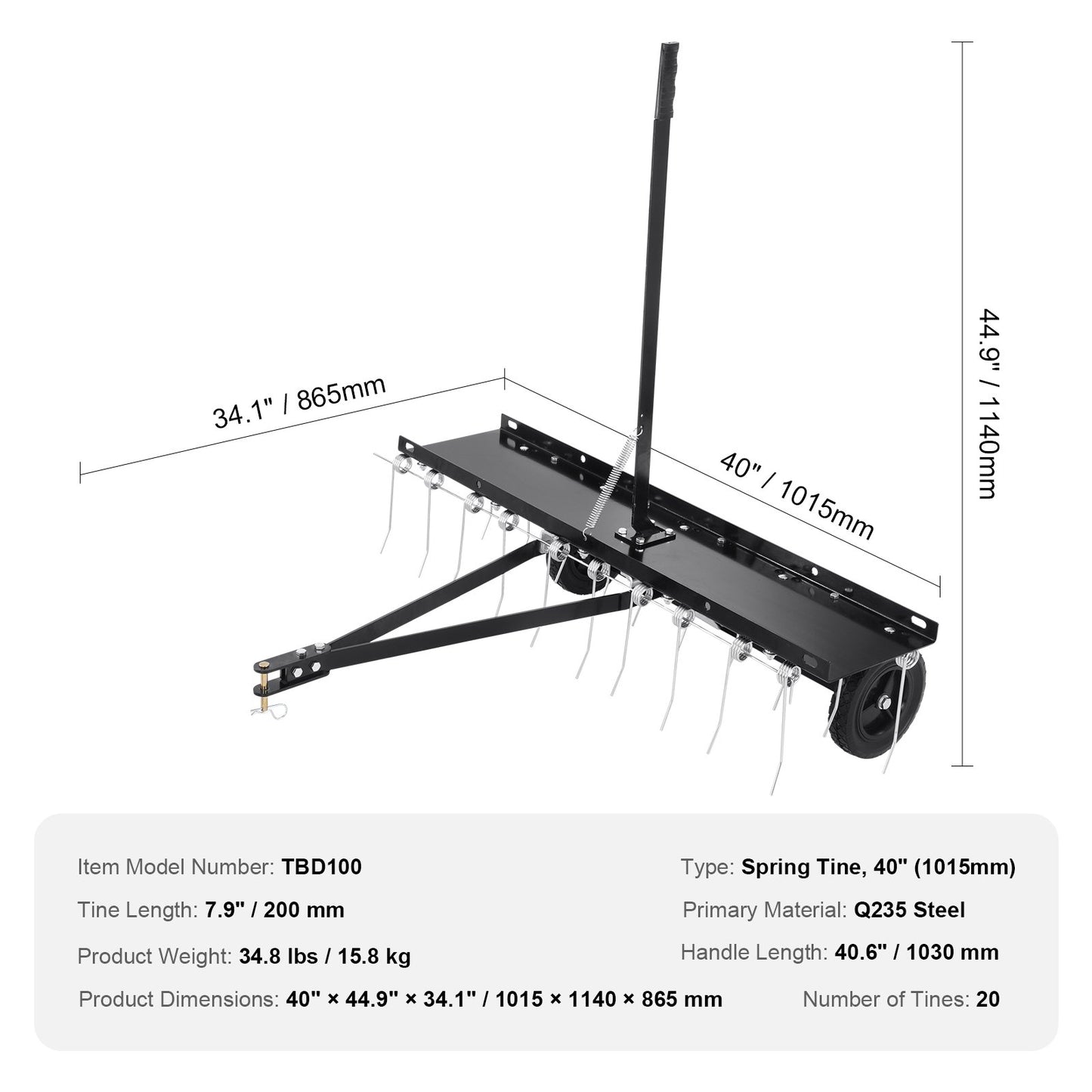 VEVOR Tow Behind Dethatcher, 1m Tow Dethatcher with 20 Spring Steel Tines, Lawn