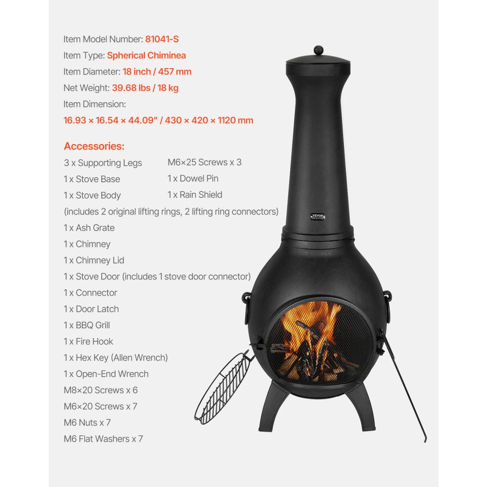 VEVOR 457mm Chiminea Outdoor Wood Burning Firepit with Grill Mesh & Chimney Coat