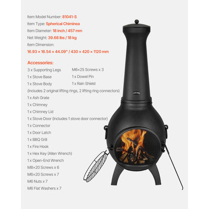 VEVOR 457mm Chiminea Outdoor Wood Burning Firepit with Grill Mesh & Chimney Coat