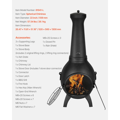 VEVOR 559mm Chiminea Outdoor Aluminum Fireplace with Grill Mesh & Chimney Coat