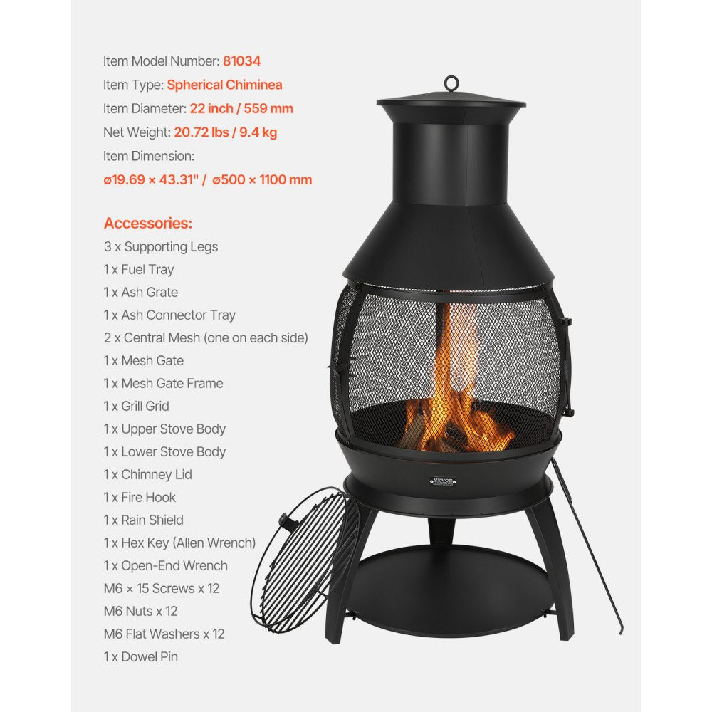 559 mm Chiminea Outdoor Iron Fireplace with Grill Mesh & Chimney Coat