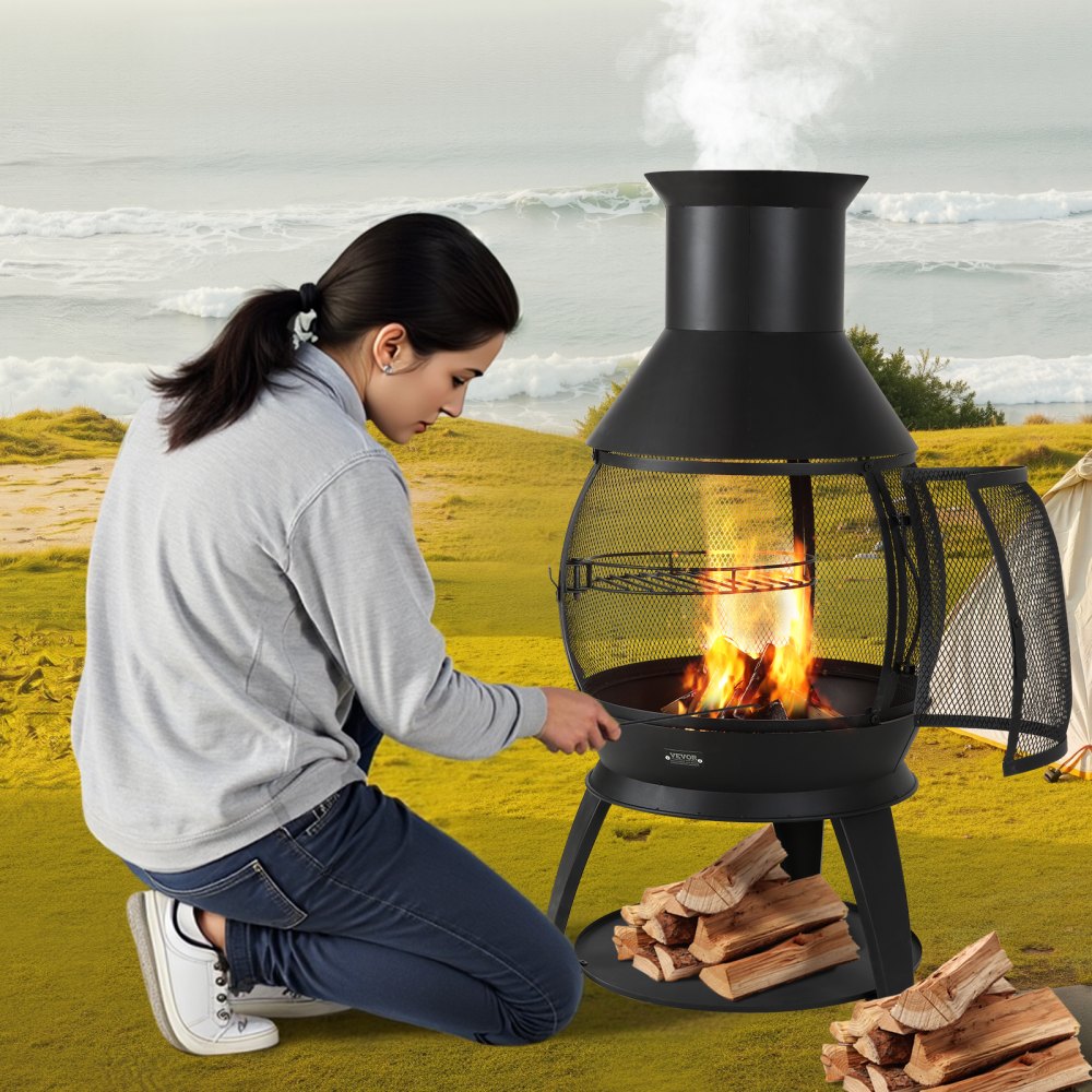 559 mm Chiminea Outdoor Iron Fireplace with Grill Mesh & Chimney Coat