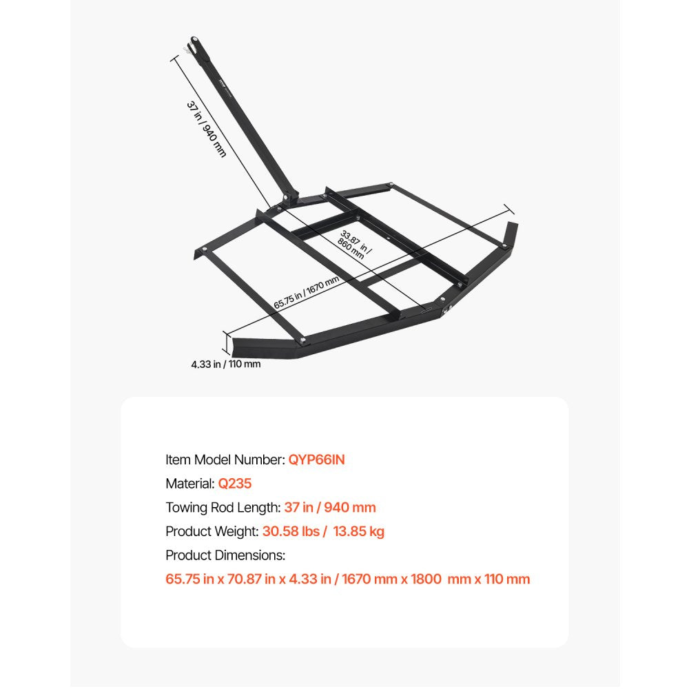 VEVOR Drag Harrow 66" Width Tow Behind Drag Harrow Steel Gravel Grader ATV UTV