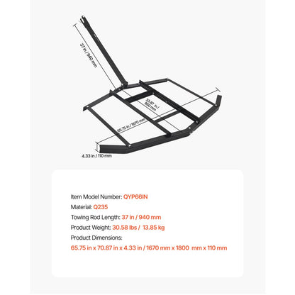 VEVOR Drag Harrow 66" Width Tow Behind Drag Harrow Steel Gravel Grader ATV UTV