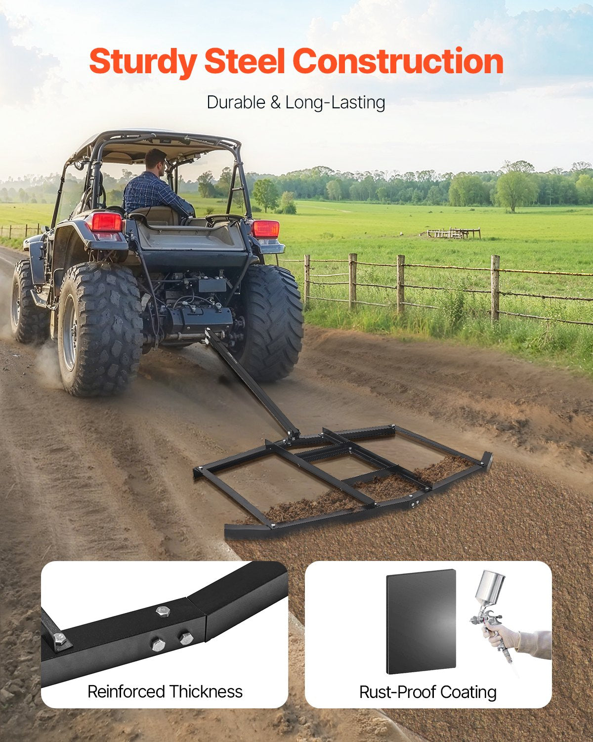 Drag Harrow, 1880 mm Width Tow Behind Drag Harrow, Q235 Steel Driveway Grader with Adjustable Bars & Pin Hitch, Support up to 50 lbs, Tractor Driveway Harrow for ATVs, UTVs, Garden Lawn Tractors