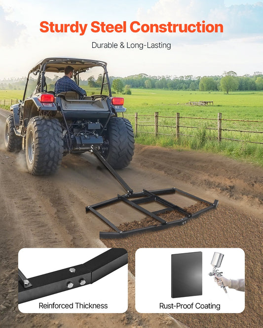 Drag Harrow, 1880 mm Width Tow Behind Drag Harrow, Q235 Steel Driveway Grader with Adjustable Bars & Pin Hitch, Support up to 50 lbs, Tractor Driveway Harrow for ATVs, UTVs, Garden Lawn Tractors