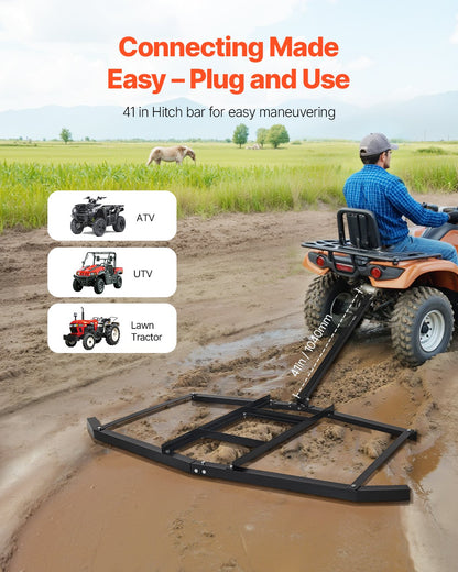 Drag Harrow, 1880 mm Width Tow Behind Drag Harrow, Q235 Steel Driveway Grader with Adjustable Bars & Pin Hitch, Support up to 50 lbs, Tractor Driveway Harrow for ATVs, UTVs, Garden Lawn Tractors