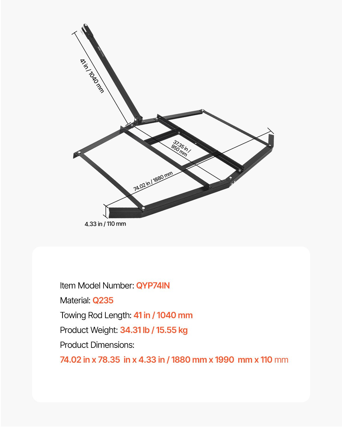 Drag Harrow, 1880 mm Width Tow Behind Drag Harrow, Q235 Steel Driveway Grader with Adjustable Bars & Pin Hitch, Support up to 50 lbs, Tractor Driveway Harrow for ATVs, UTVs, Garden Lawn Tractors