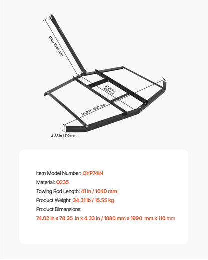 Drag Harrow, 1880 mm Width Tow Behind Drag Harrow, Q235 Steel Driveway Grader with Adjustable Bars & Pin Hitch, Support up to 50 lbs, Tractor Driveway Harrow for ATVs, UTVs, Garden Lawn Tractors