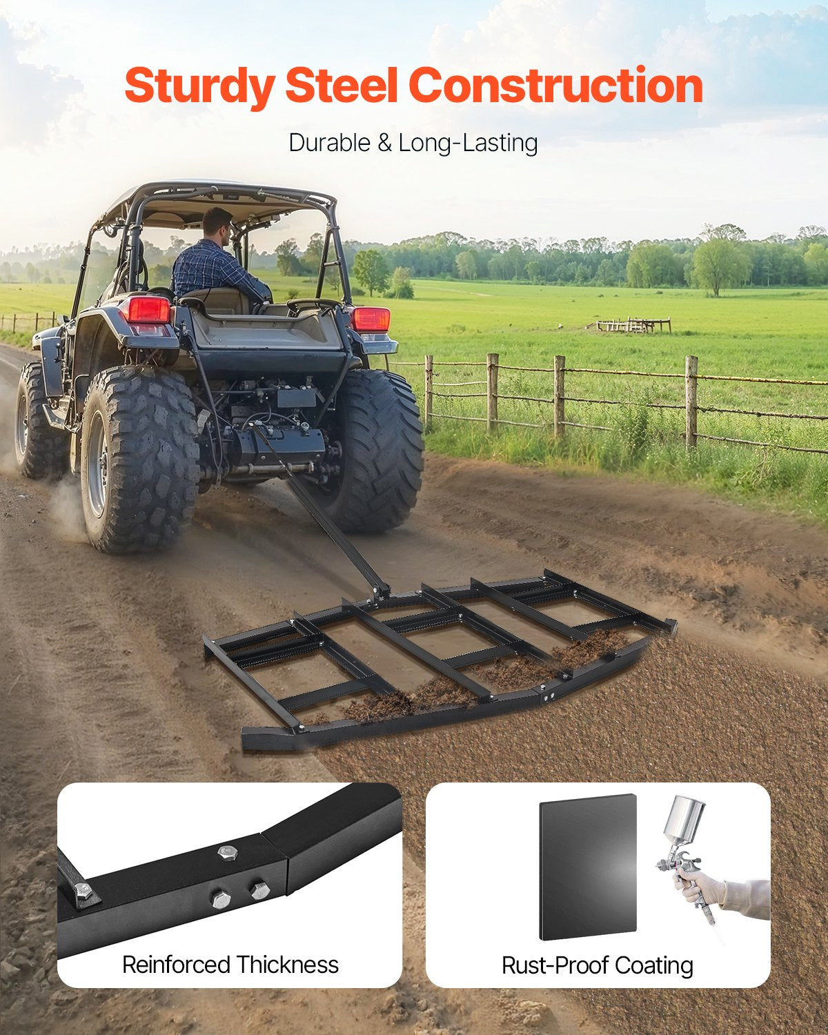 Drag Harrow, 2150 mm Width Tow Behind Drag Harrow, Q235 Steel Driveway Grader with Adjustable Bars & Pin Hitch, Support up to 50 lbs, Tractor Driveway Harrow for ATVs, UTVs, Garden Lawn Tractors