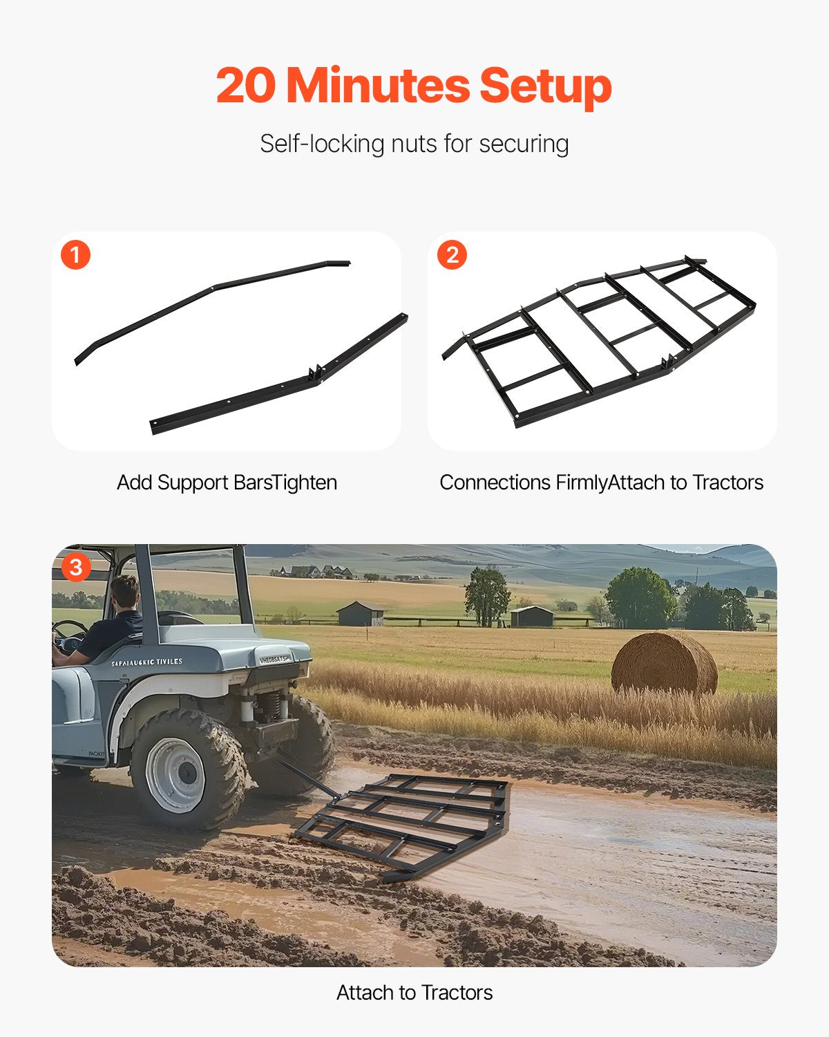 Drag Harrow, 2150 mm Width Tow Behind Drag Harrow, Q235 Steel Driveway Grader with Adjustable Bars & Pin Hitch, Support up to 50 lbs, Tractor Driveway Harrow for ATVs, UTVs, Garden Lawn Tractors