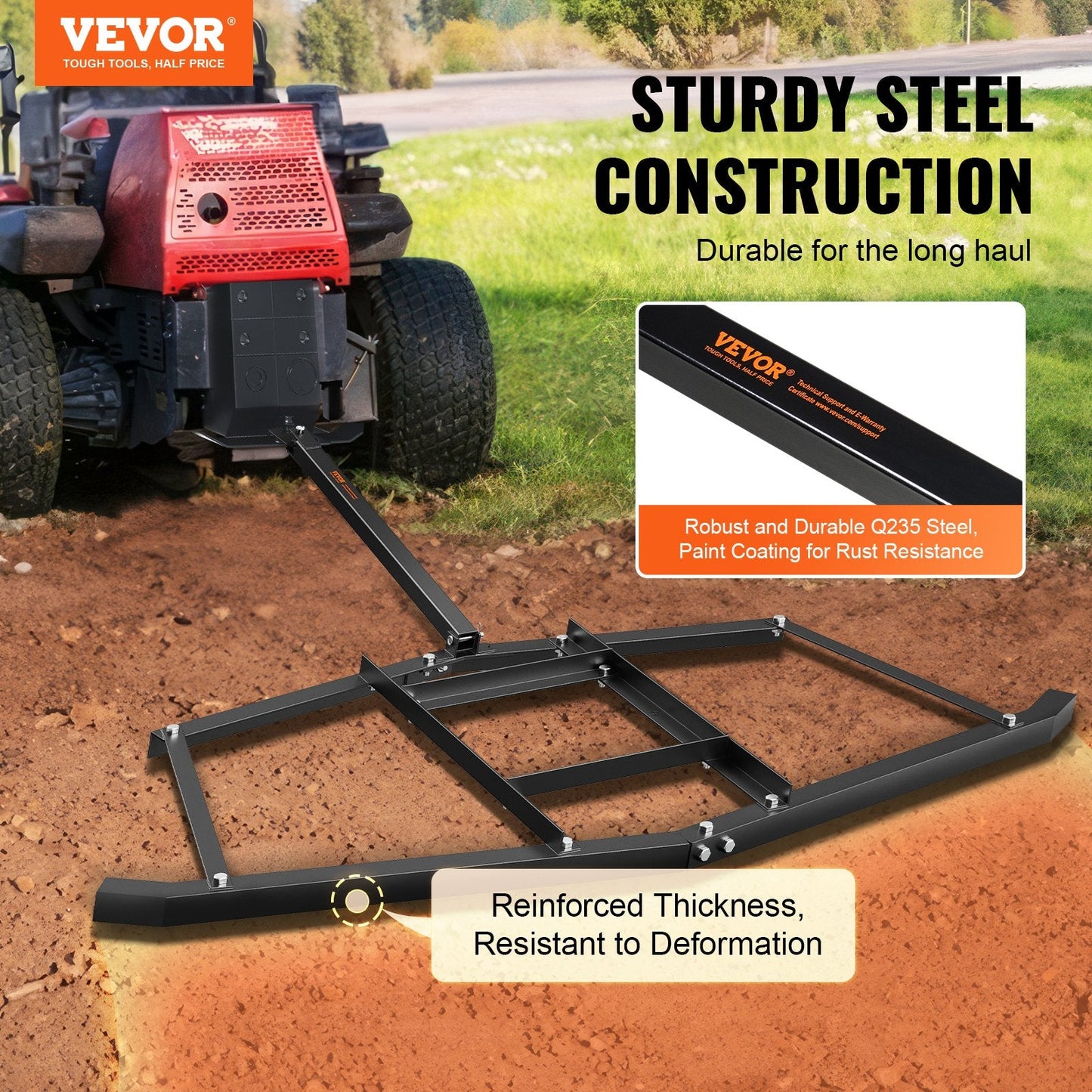67 cm Wide Tow-Behind Driveway Grader, Heavy-Duty Q235 Steel Harrow for Tractors