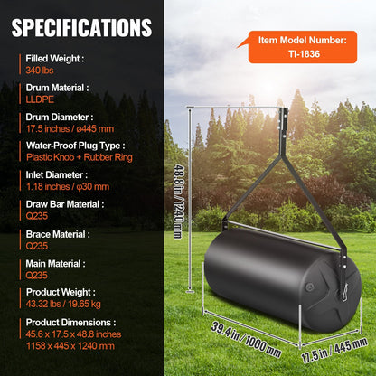 Tow-Behind Lawn Roller with LLDPE Drum and Steel Frame, 180 kg Capacity